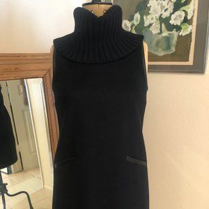 Theory Black Wool Shift Dress with Oversized Turtleneck Collar and Leather Trim